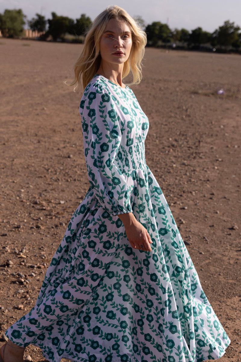 Crew Neck Smocked Waist Maxi- Toscana Green