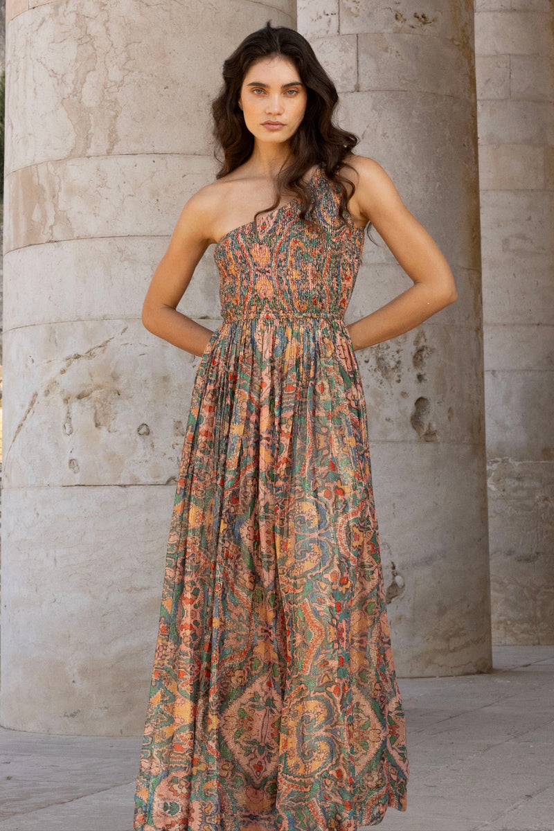 One Shoulder Smocked Maxi- Persia Aqua