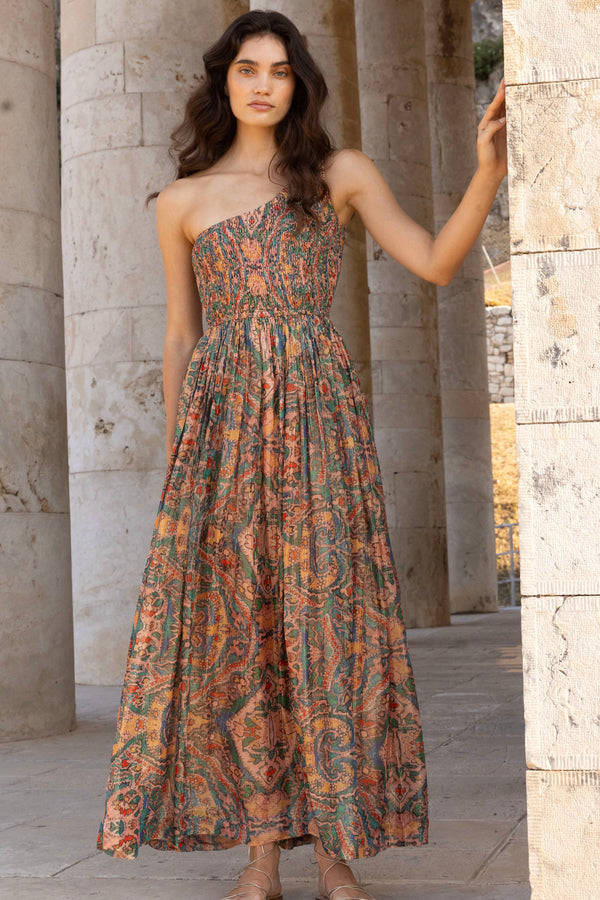 One Shoulder Smocked Maxi- Persia Aqua