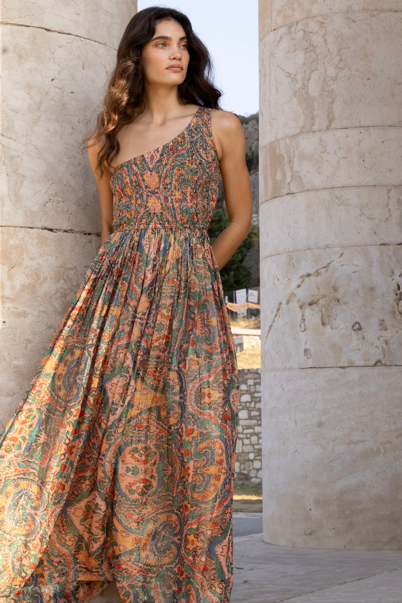 One Shoulder Smocked Maxi- Persia Aqua