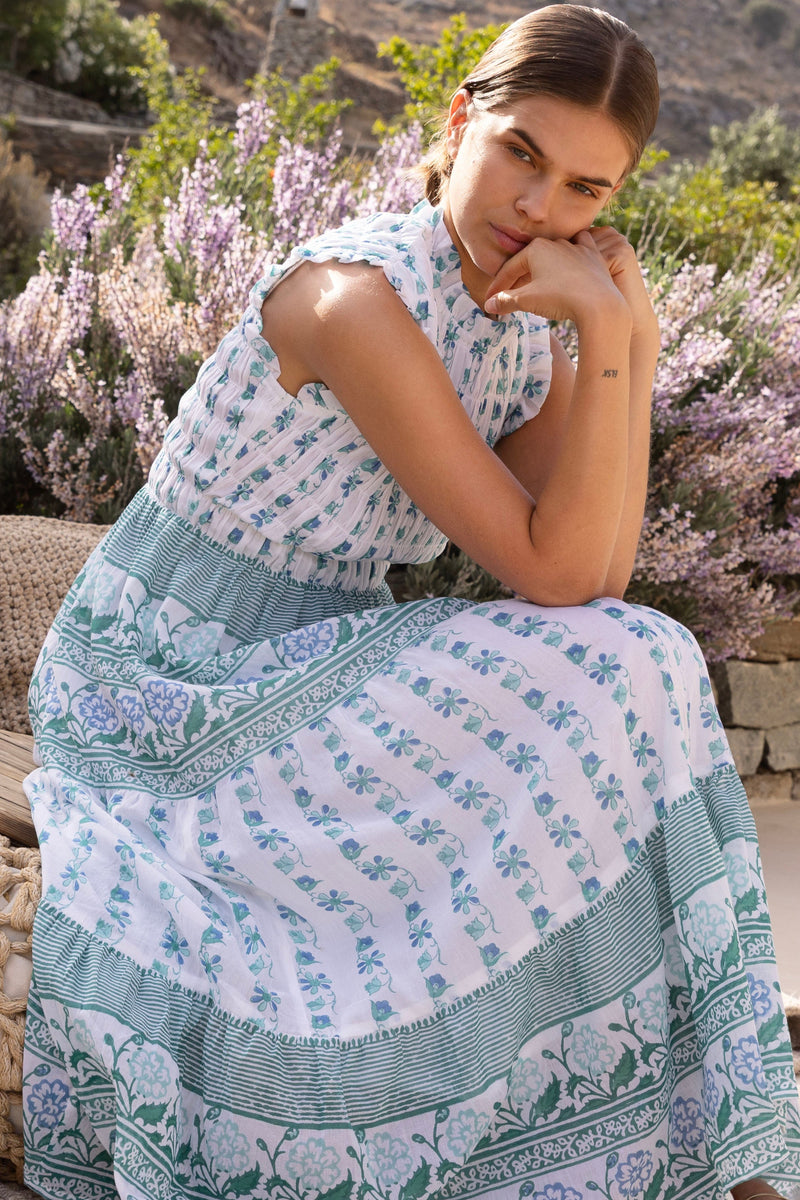 Sleeveless Smocked Maxi- Boreggo Green