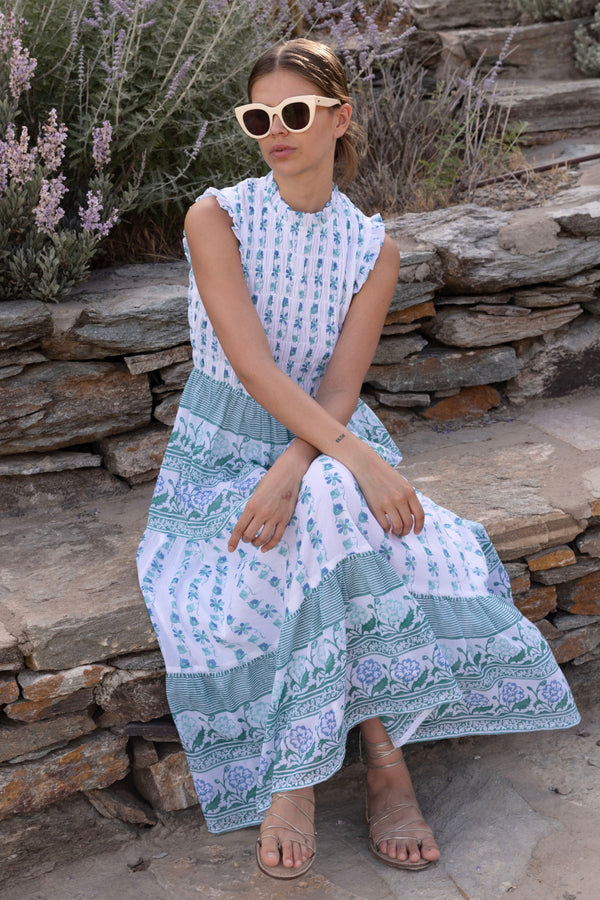 Sleeveless Smocked Maxi- Boreggo Green