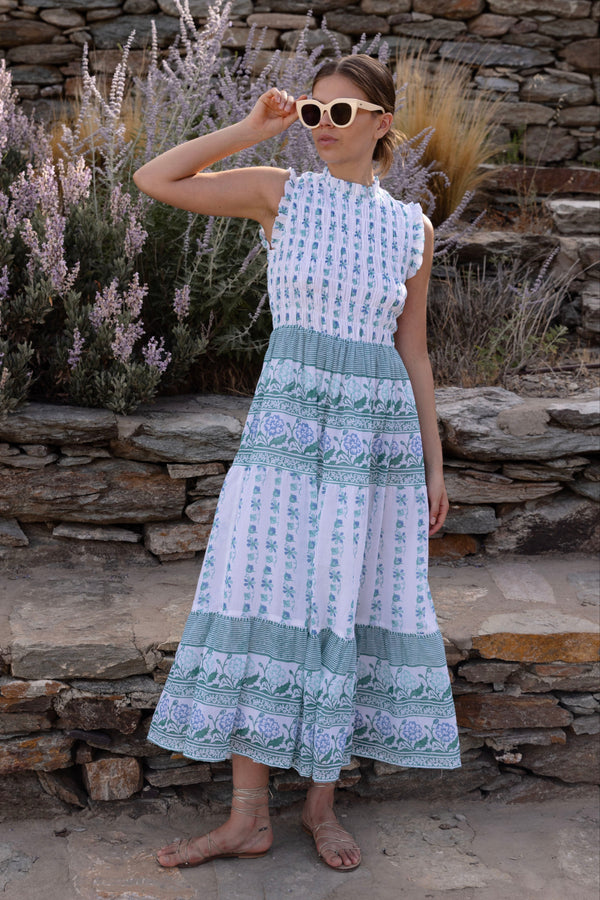 Sleeveless Smocked Maxi- Boreggo Green