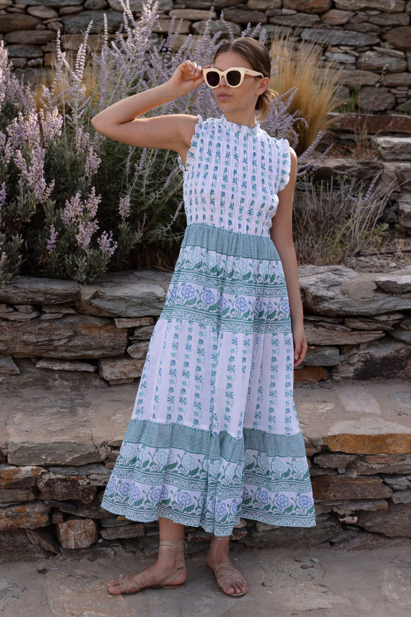 Sleeveless Smocked Maxi- Boreggo Green