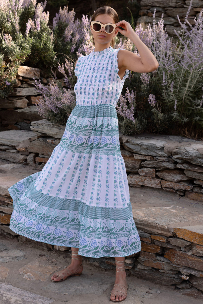 Sleeveless Smocked Maxi- Boreggo Green