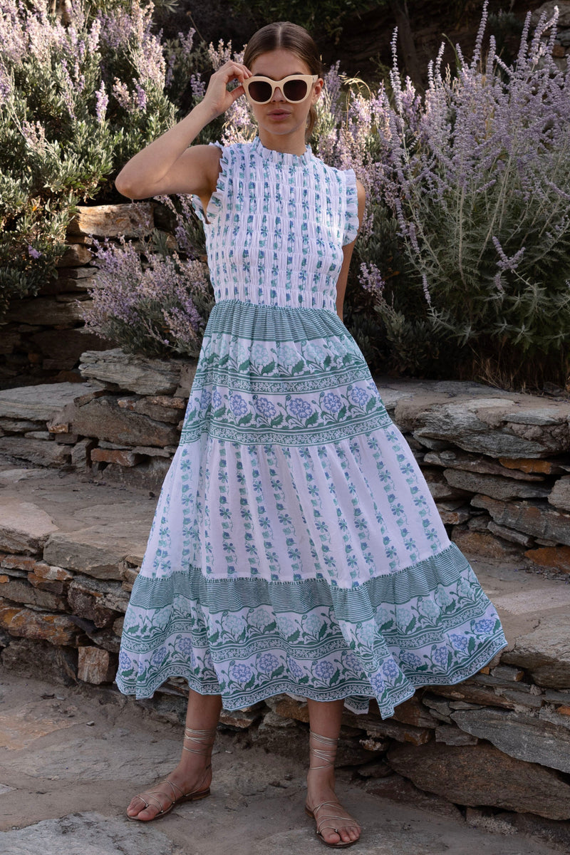 Sleeveless Smocked Maxi- Boreggo Green