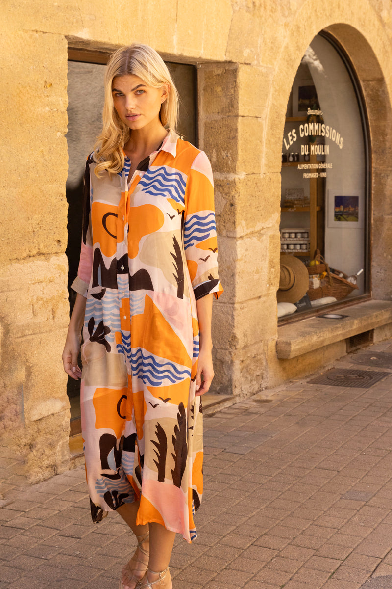 Shirt Dress Midi- Riviera Orange
