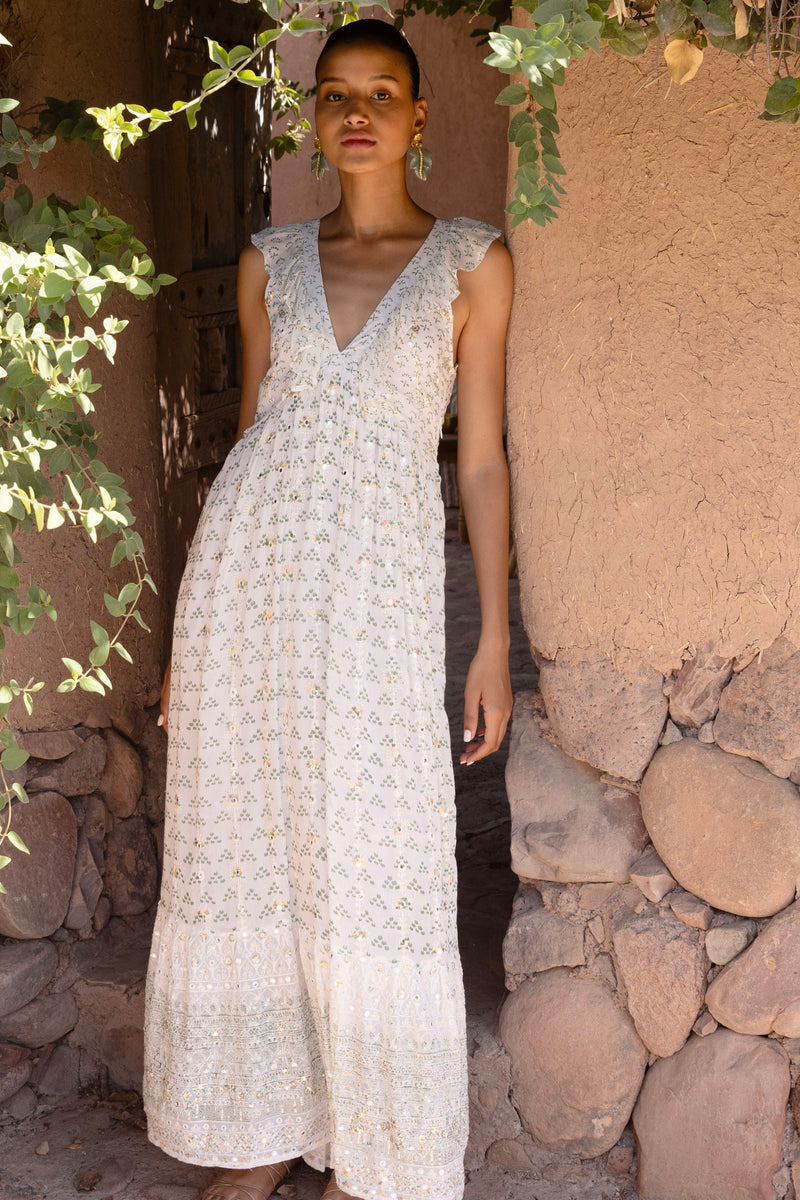 Ruffle V-Neck Maxi- Juniper Olive