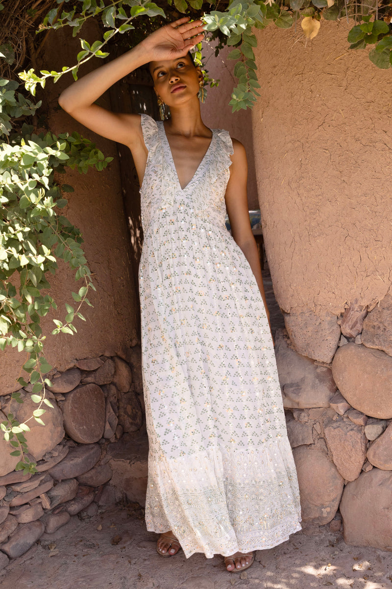 Ruffle V-Neck Maxi- Juniper Olive