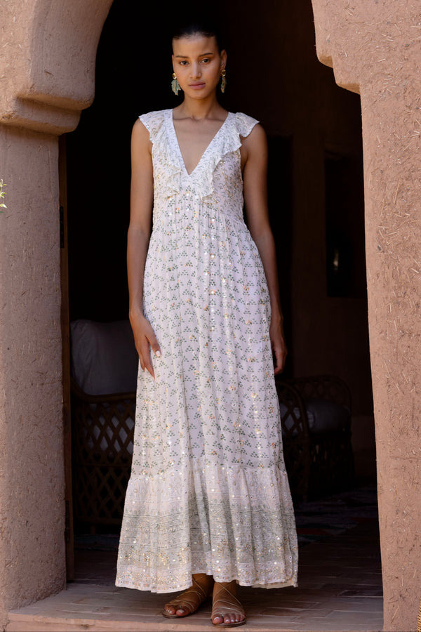 Ruffle V-Neck Maxi- Juniper Olive