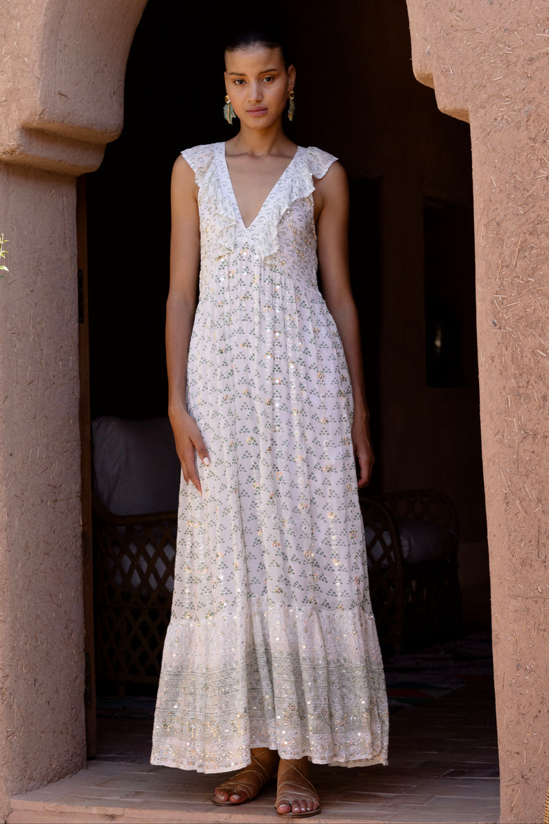 Ruffle V-Neck Maxi- Juniper Olive