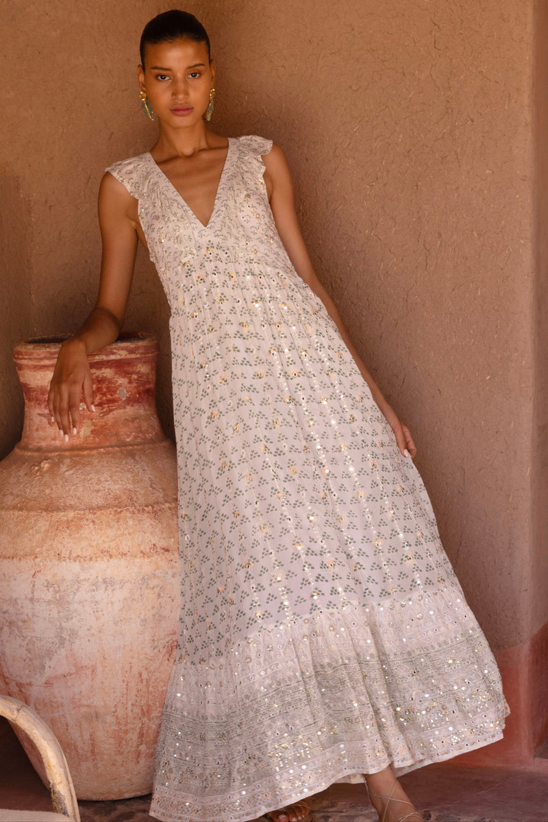 Ruffle V-Neck Maxi- Juniper Olive