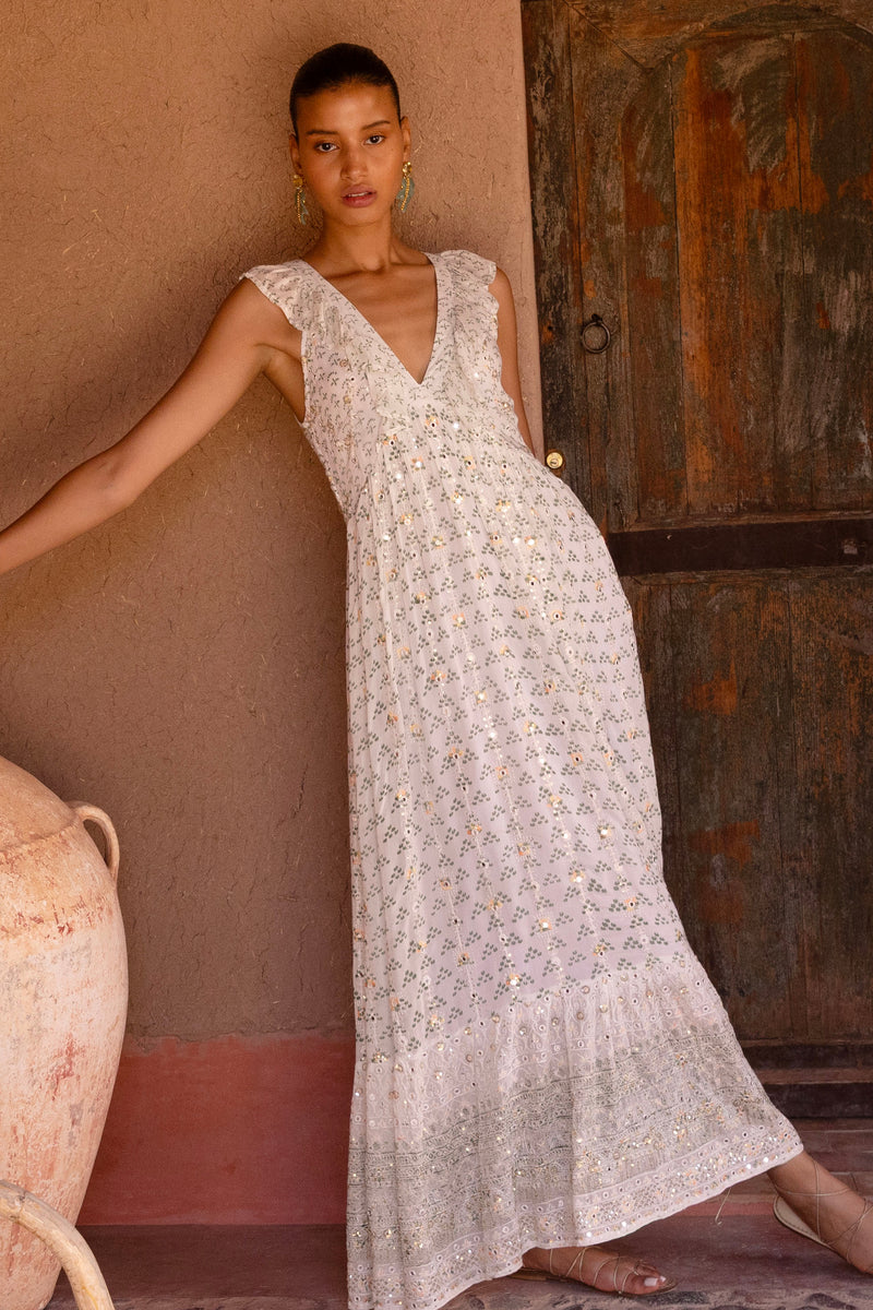 Ruffle V-Neck Maxi- Juniper Olive
