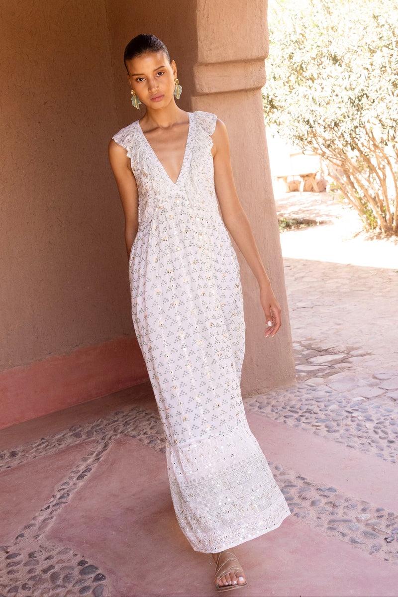 Ruffle V-Neck Maxi- Juniper Olive