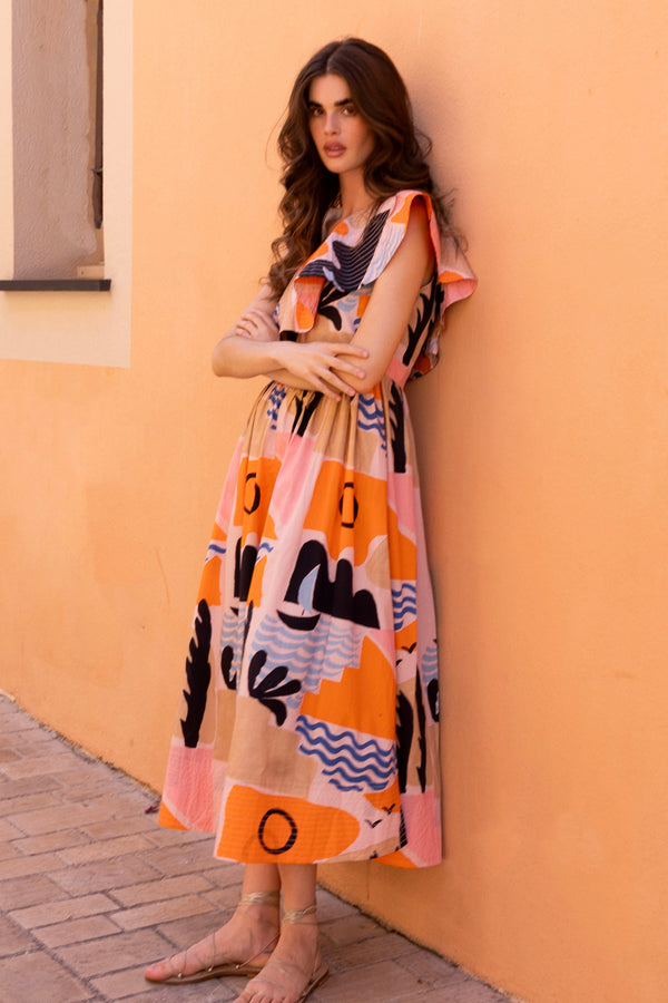 One Shoulder Ruffle Maxi- Riviera Orange