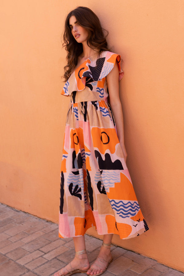 One Shoulder Ruffle Maxi- Riviera Orange