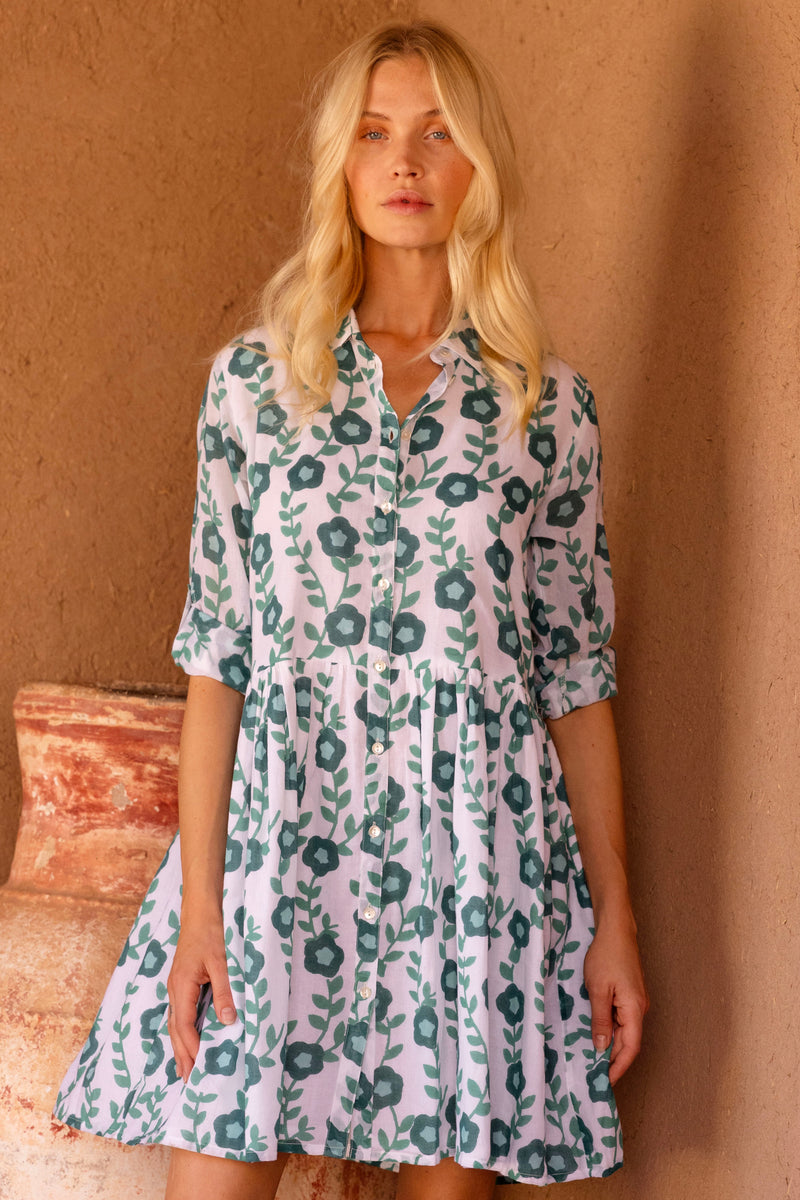 Long Sleeve Shirt Dress Mini- Toscana Green