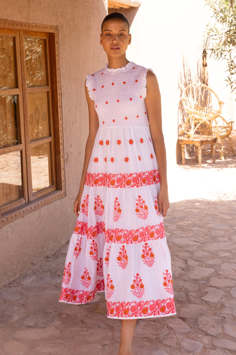 Sleeveless Smocked Maxi- Calistoga Coral