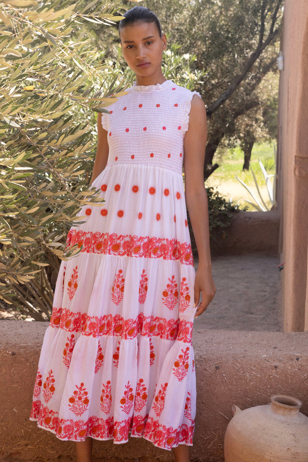 Sleeveless Smocked Maxi- Calistoga Coral
