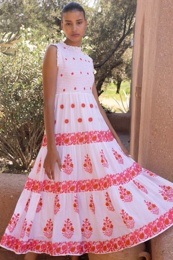 Sleeveless Smocked Maxi- Calistoga Coral