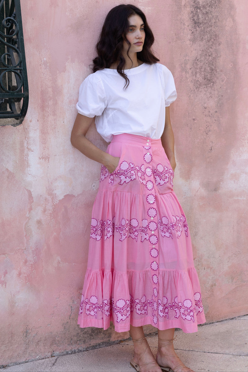 Button Front Skirt- Tangier Pink