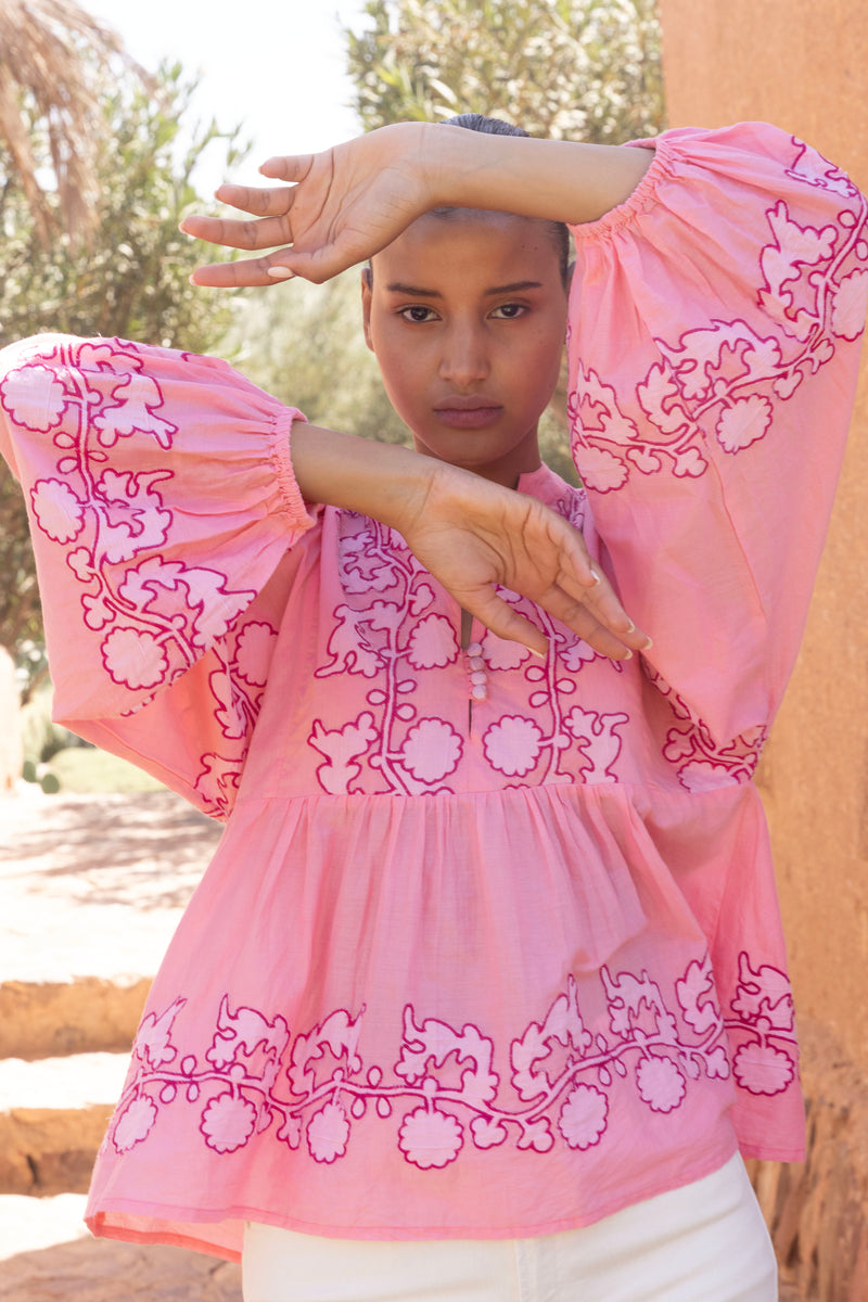 Mandarin Balloon Top- Tangier Pink