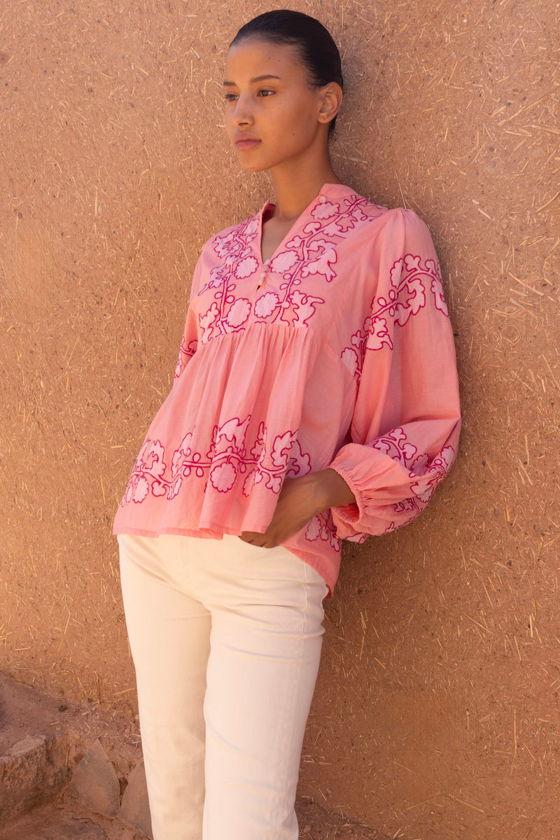 Mandarin Balloon Top- Tangier Pink