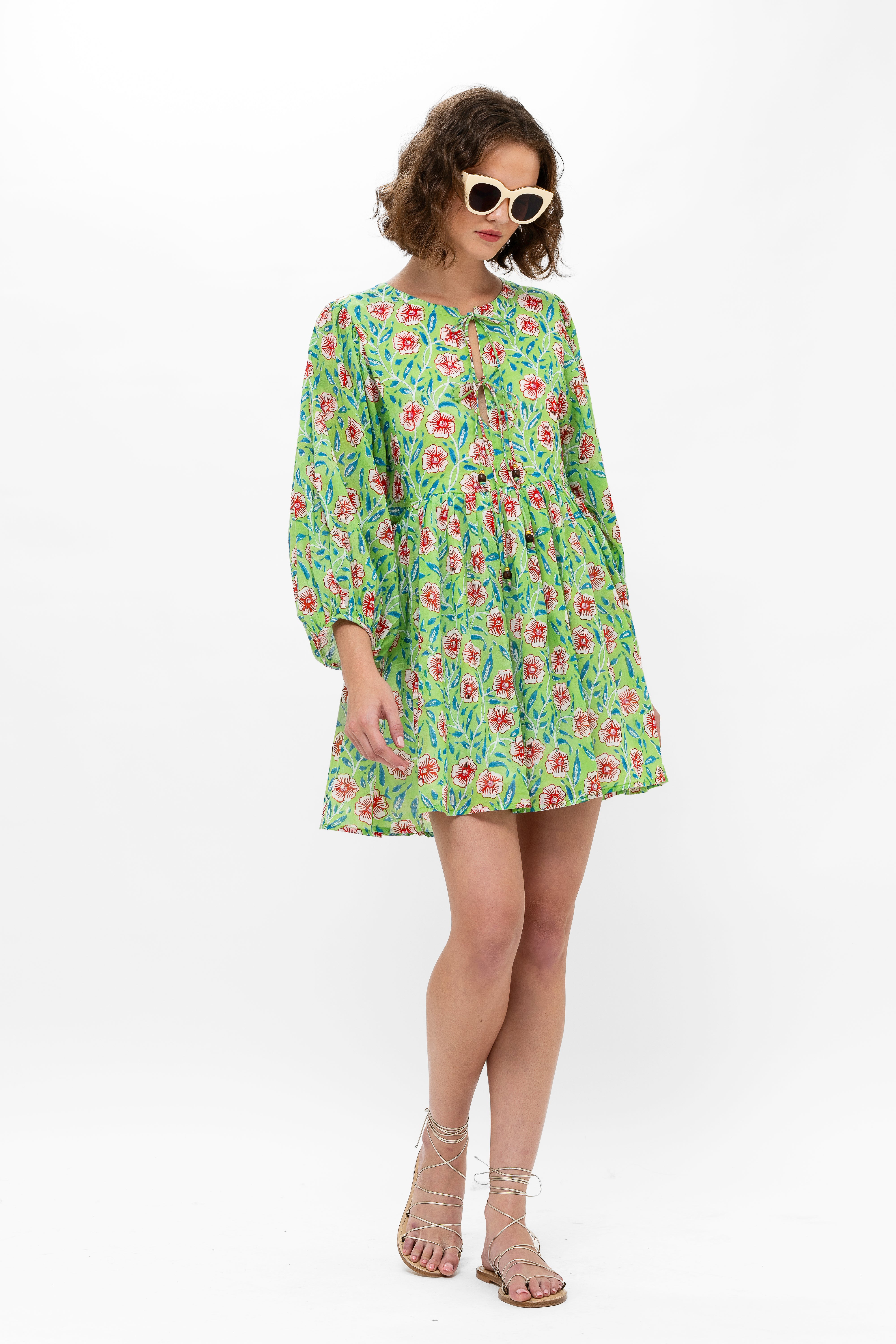 Tie Front Balloon Sleeve Short- Amalfi Lime