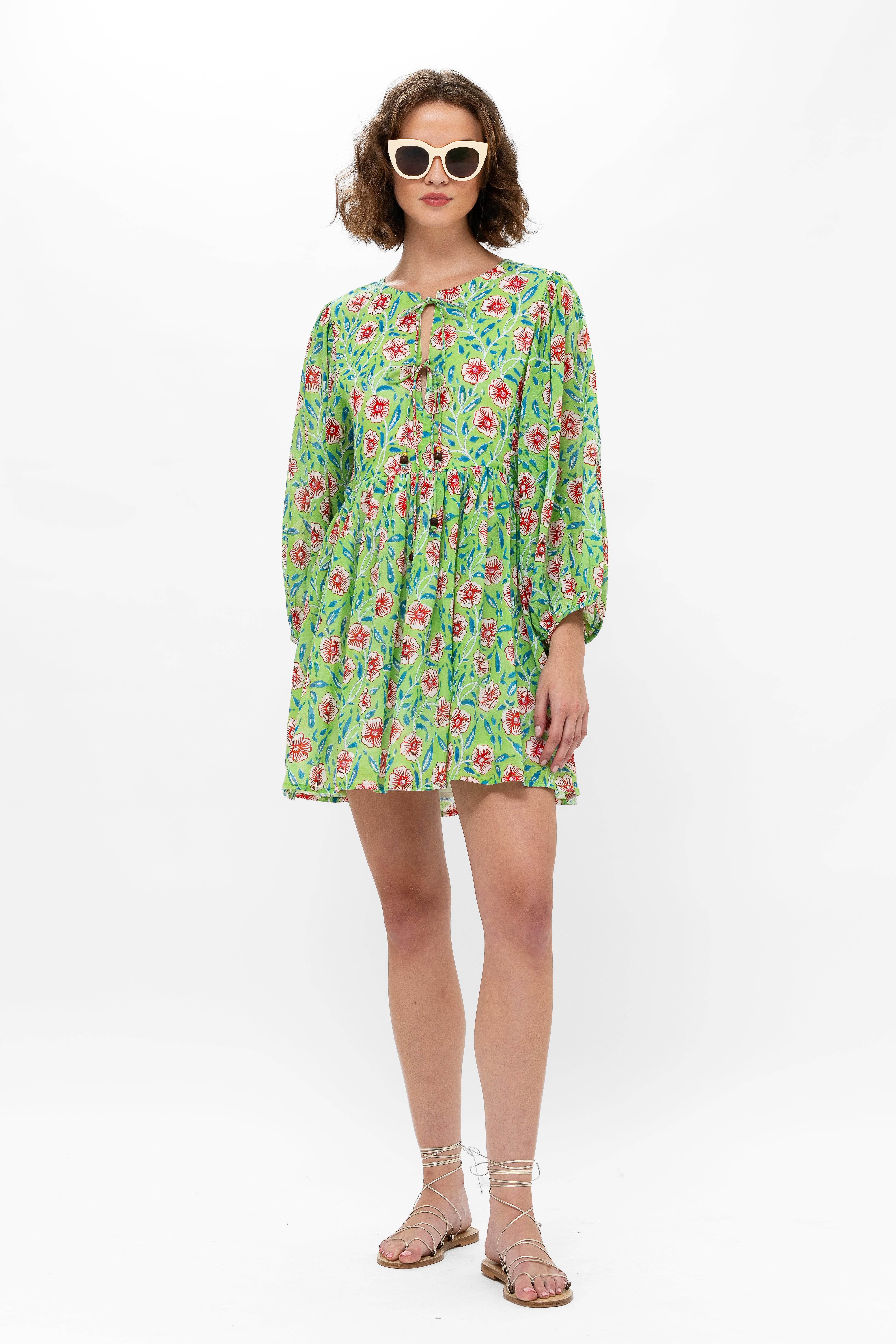 Tie Front Balloon Sleeve Short- Amalfi Lime