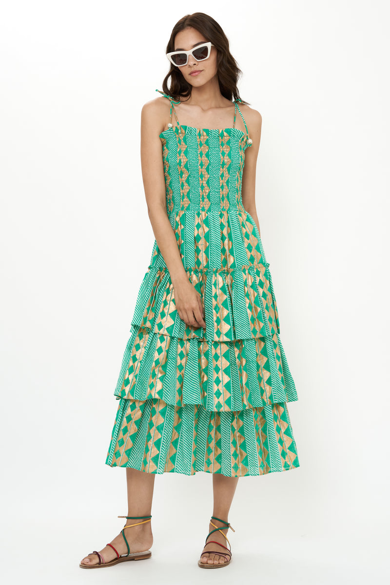 Smocked Tie Strap Midi- Ascot Teal