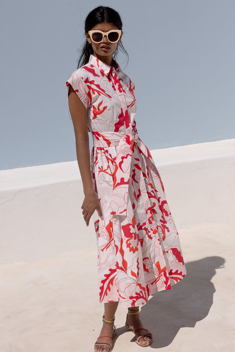 Belted Shirt Dress- Orchid Red