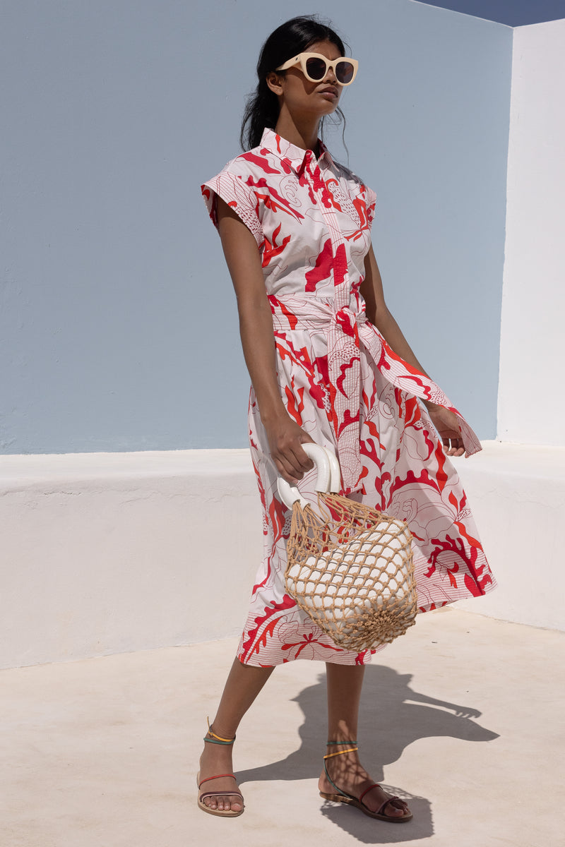 Belted Shirt Dress- Orchid Red