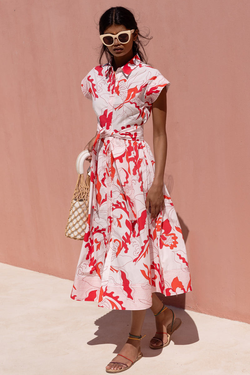 Belted Shirt Dress- Orchid Red