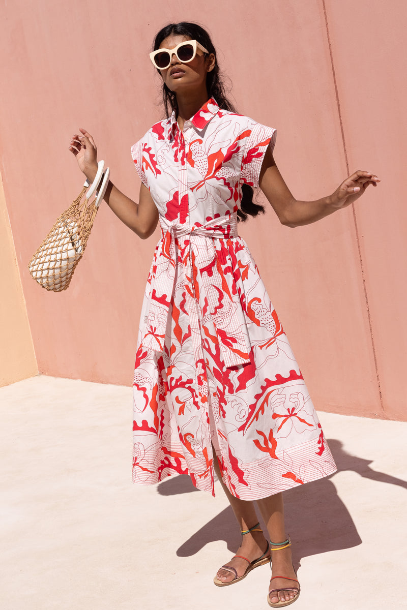Belted Shirt Dress- Orchid Red