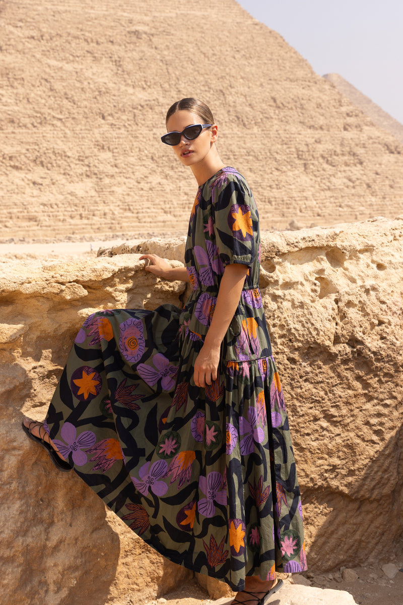 Piped Puff Sleeve Maxi- Bergen Olive