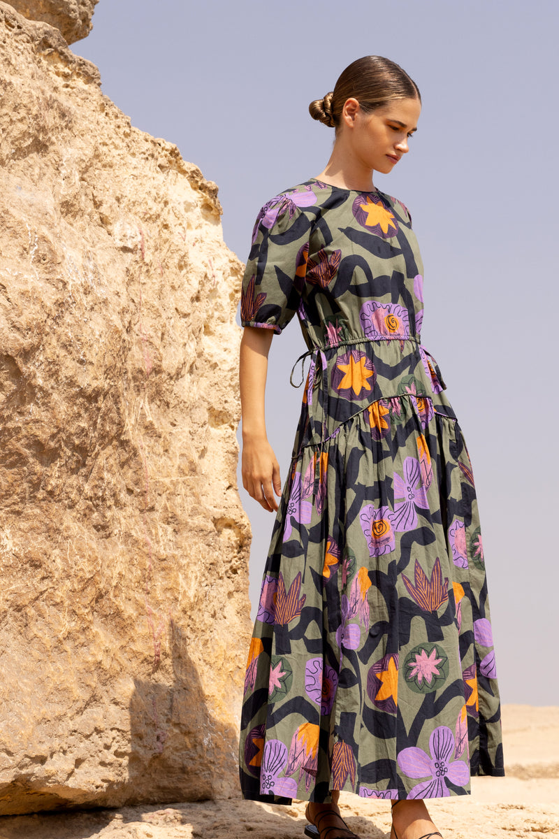 Piped Puff Sleeve Maxi- Bergen Olive