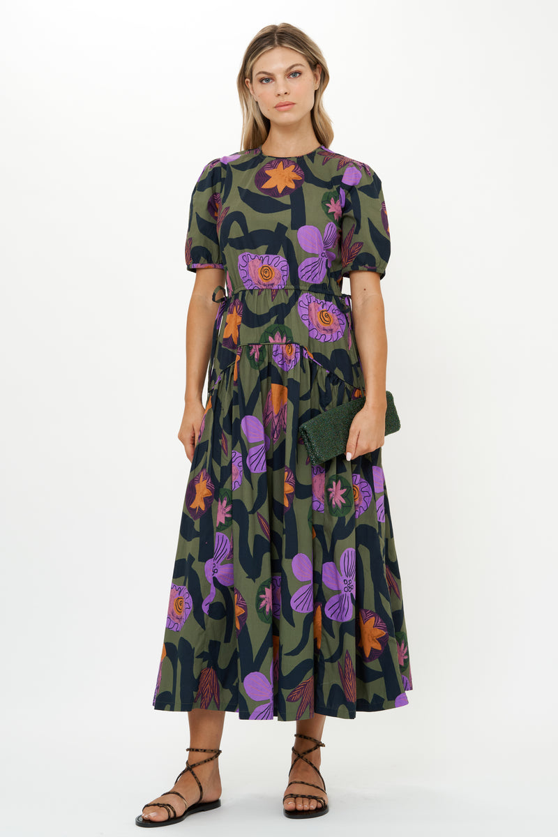 Piped Puff Sleeve Maxi- Bergen Olive