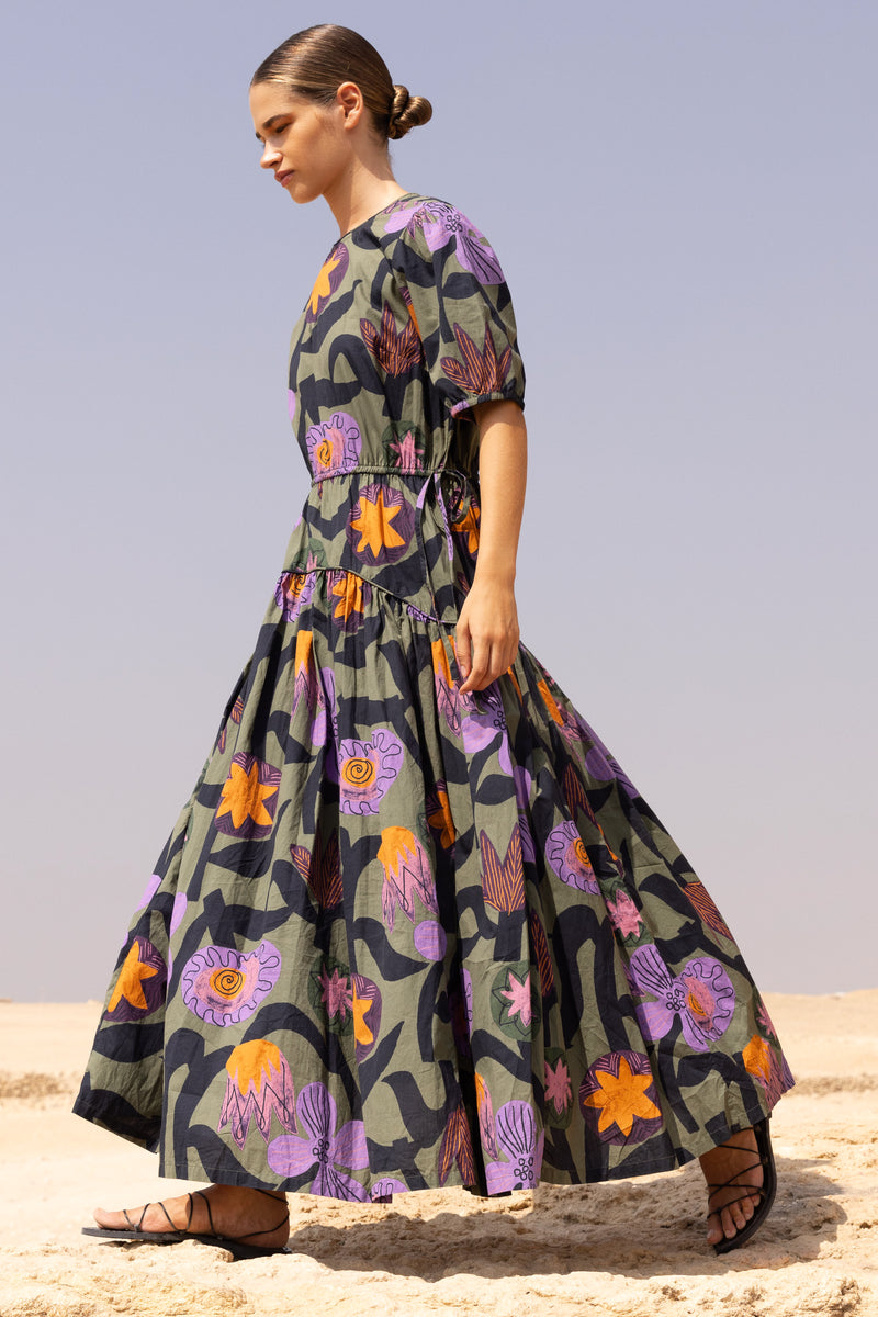 Piped Puff Sleeve Maxi- Bergen Olive