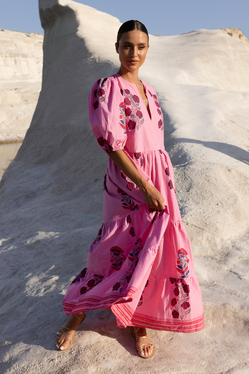 Puff Sleeve Maxi- Boca Pink