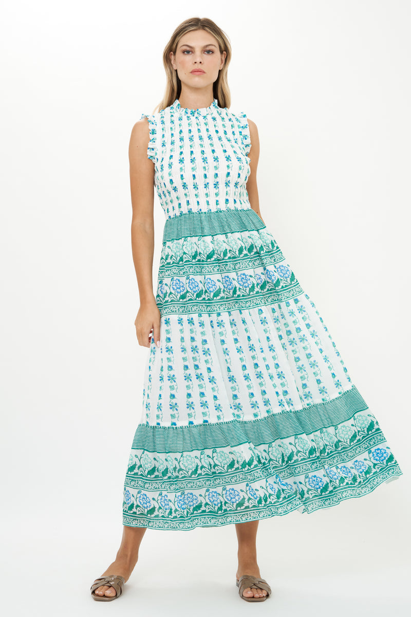 Sleeveless Smocked Maxi- Boreggo Green