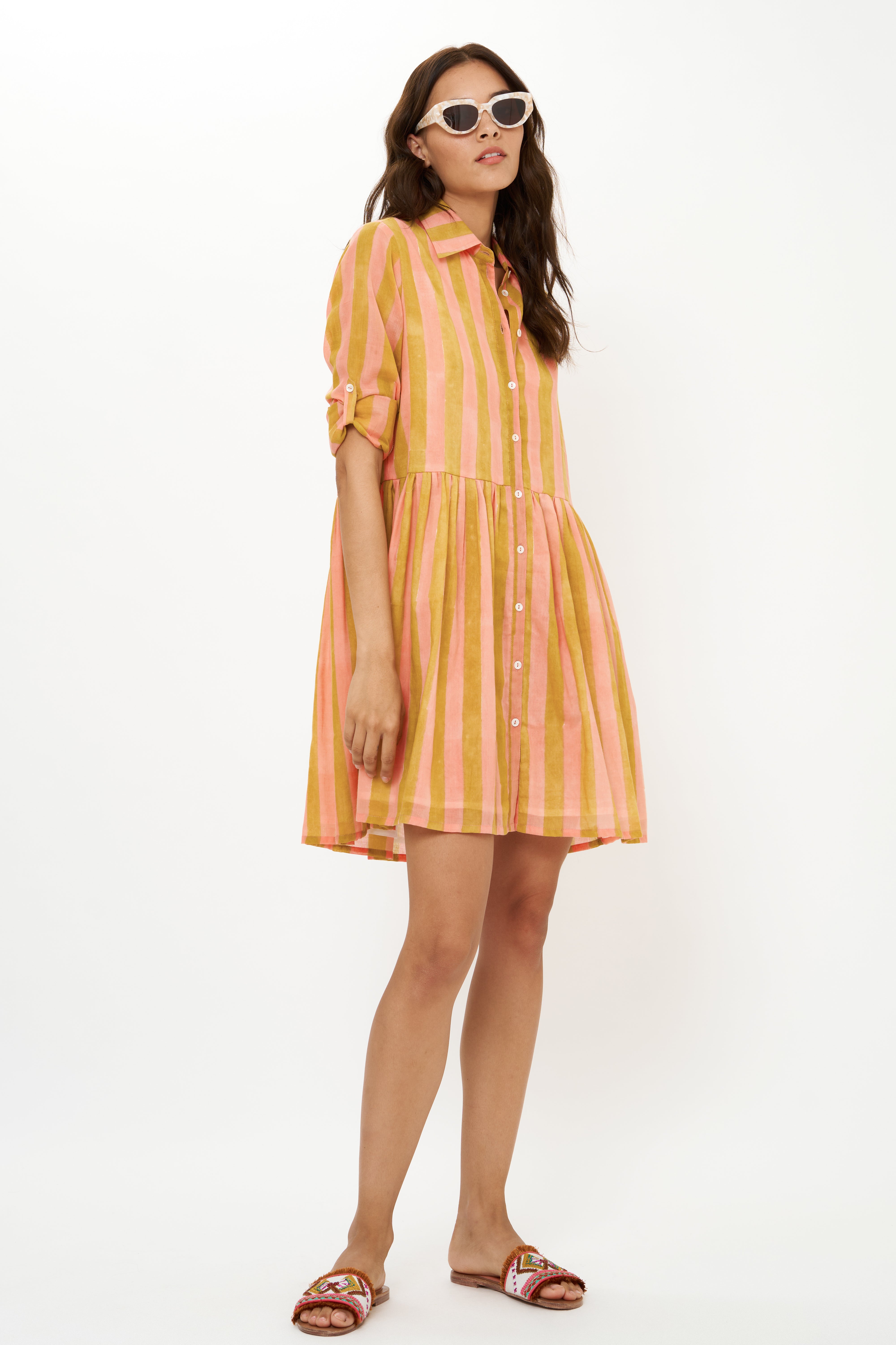 Long Sleeve Shirt Dress Mini- Cabana Coral