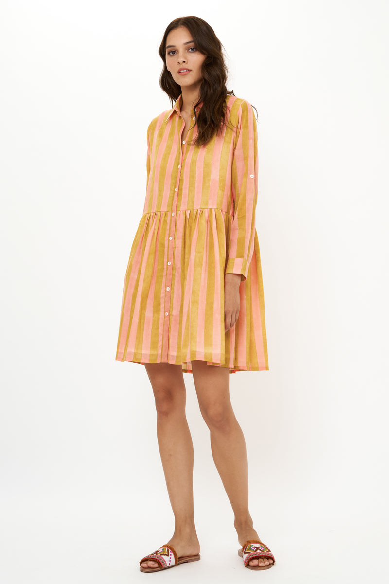 Long Sleeve Shirt Dress Mini- Cabana Coral
