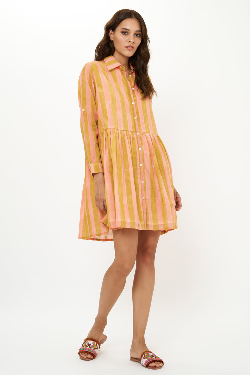 Long Sleeve Shirt Dress Mini- Cabana Coral