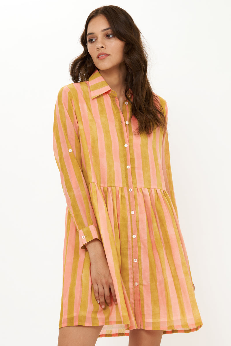 Long Sleeve Shirt Dress Mini- Cabana Coral