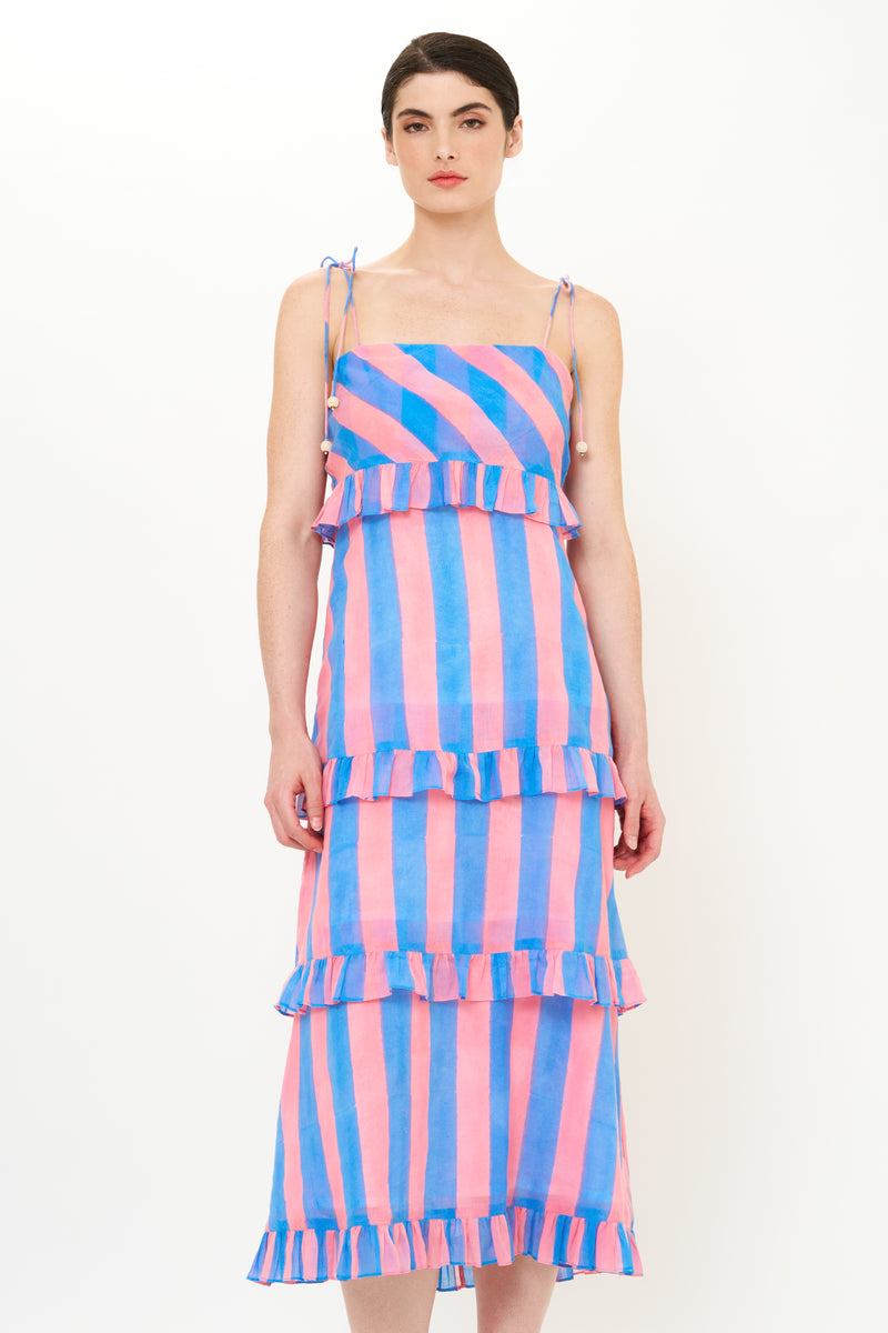 Tie Strap Ruffle Midi- Cabana Pink