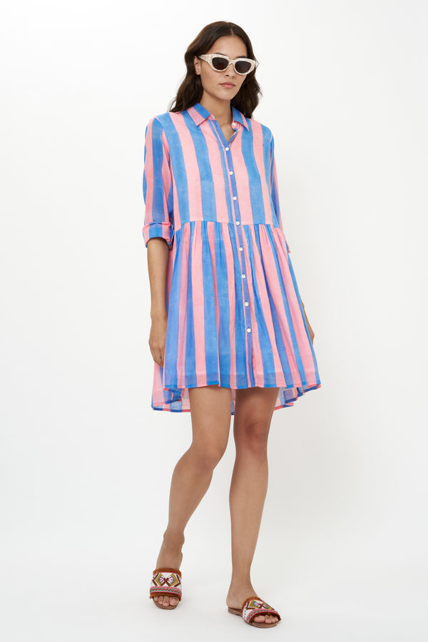 Long Sleeve Shirt Dress Mini- Cabana Pink
