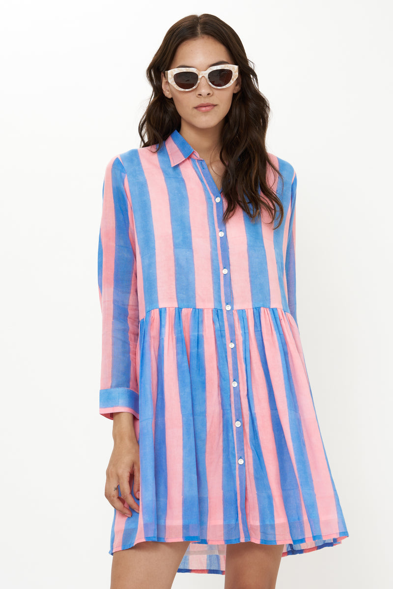 Long Sleeve Shirt Dress Mini- Cabana Pink