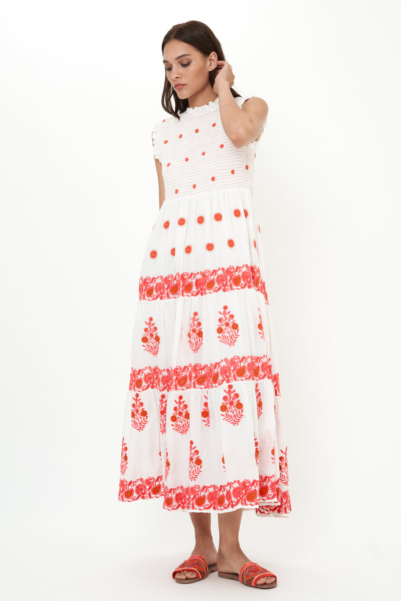 Sleeveless Smocked Maxi- Calistoga Coral