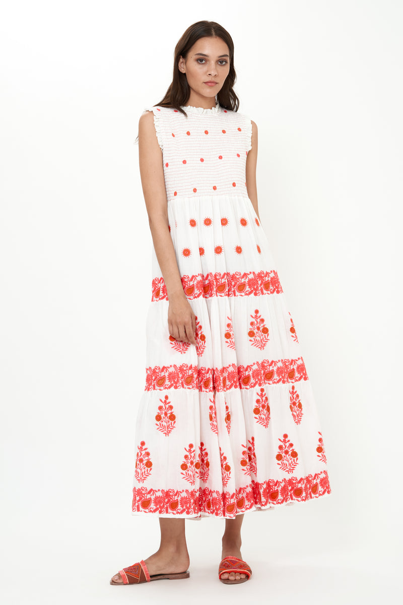 Sleeveless Smocked Maxi- Calistoga Coral