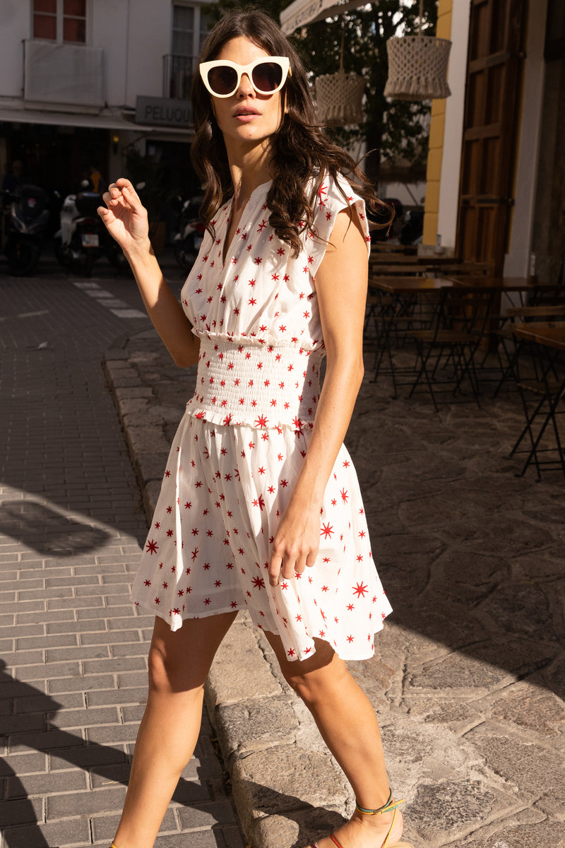 Smocked Waist Roll Sleeve- Ellsworth Red